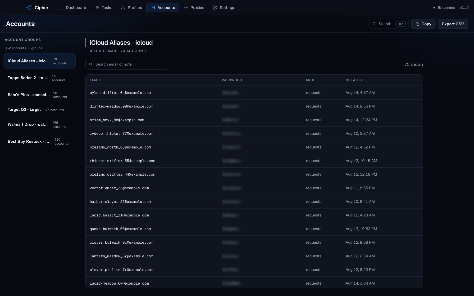Cipher Tools accounts — generated credentials, grouped by run.