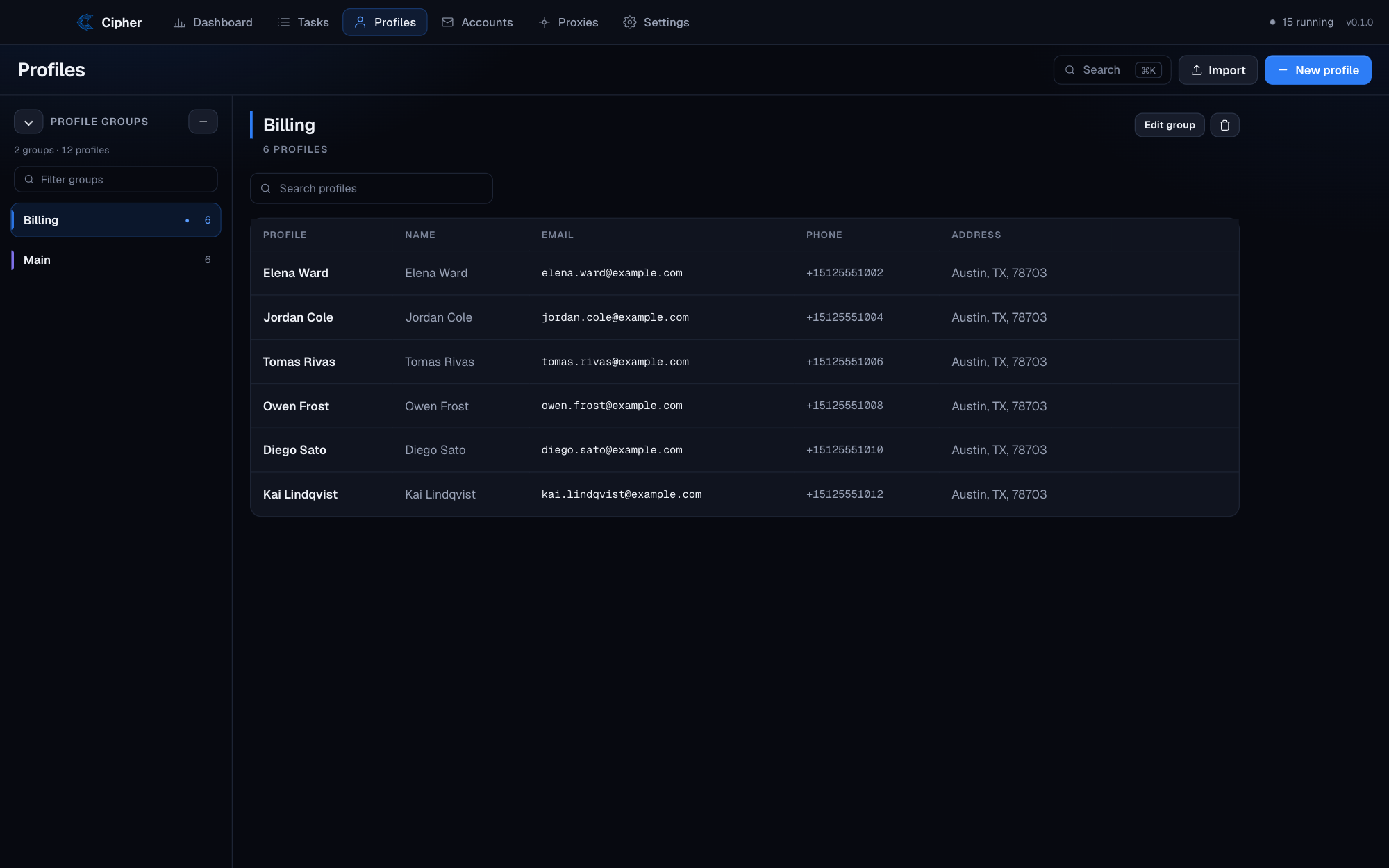 Cipher Tools profiles — identities used to fill signups.